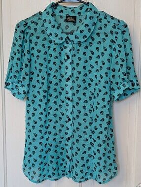 Rock Steady Sheer Turquoise & Black Skull Button Down Blouse